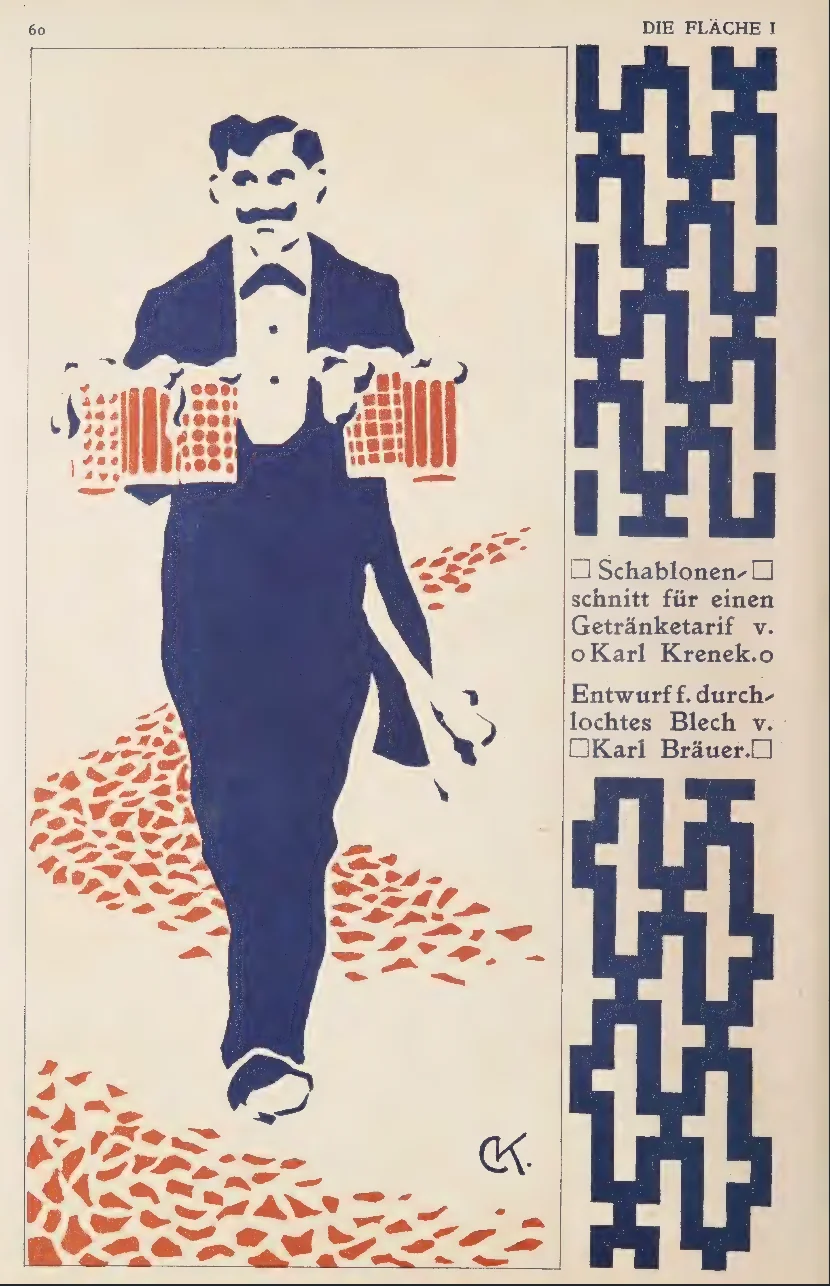 Die Fläche stencil of a navy waiter carrying red beer steins on a red flagstone path, monogram CK, with blue fretwork borders.